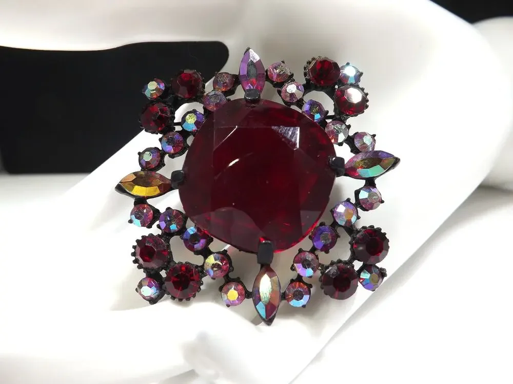 Red Large Rhinestone Aurora Borealis Brooch, Japanned Black Enamel 1970s Vintage